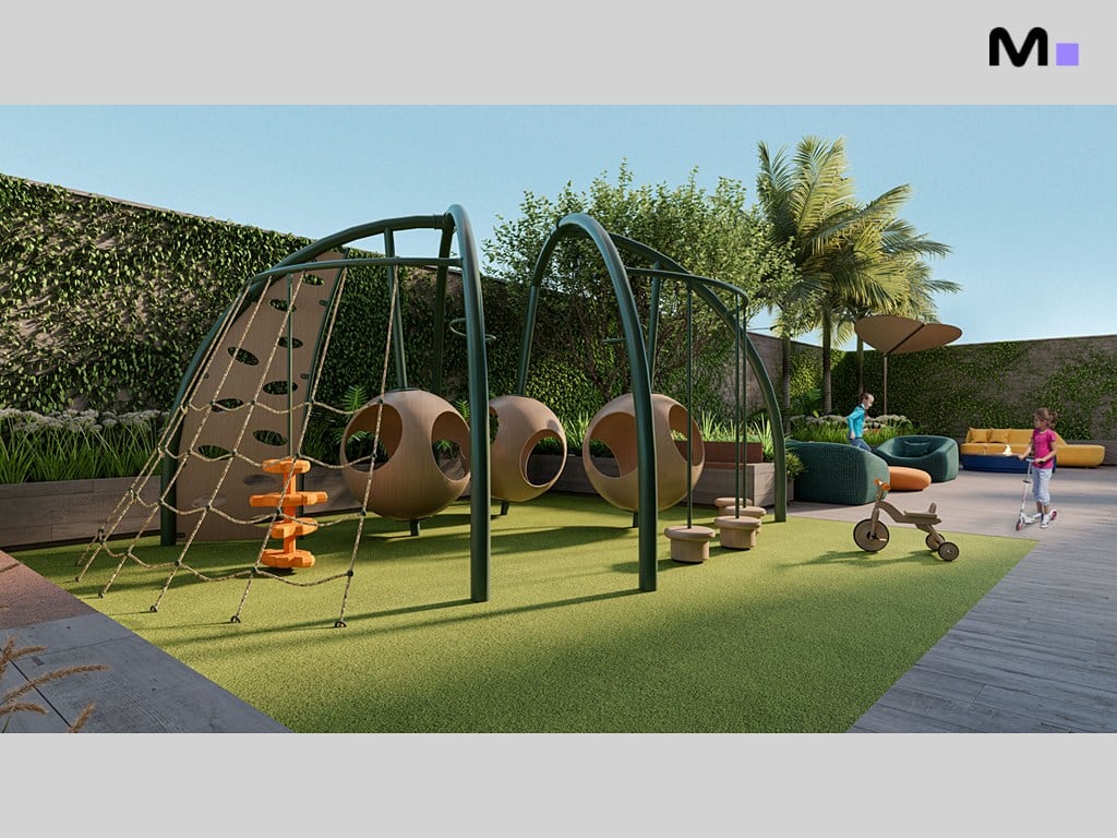 Playground moderno no Hera Home Residence com esferas suspensas e rede de escalada.
