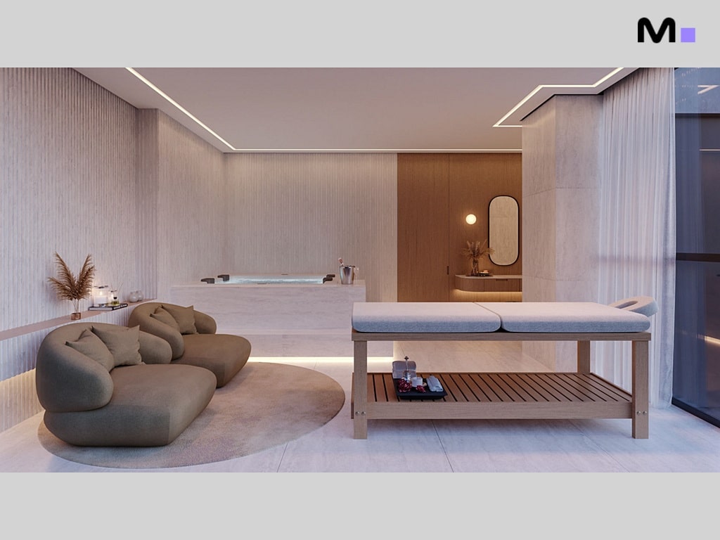 Interior de spa relaxante no Hera Home Residence com jacuzzi e maca de massagem.