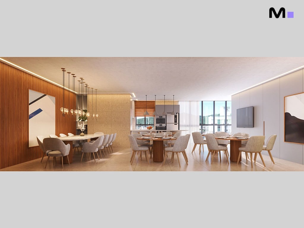 Interior moderno com mesa de jantar, cadeiras e cozinha integrada no Hera Home Residence.