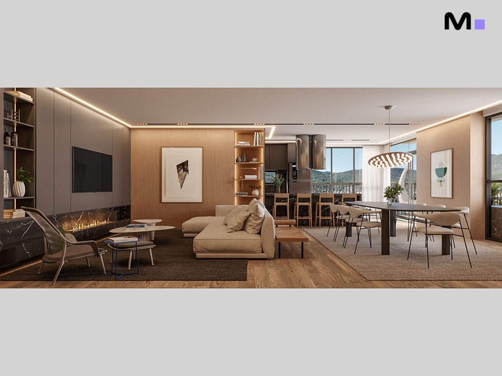 Sala de estar moderna e iluminada da Hera Home Residence, com sofá, mesa de jantar e cozinha integrada.