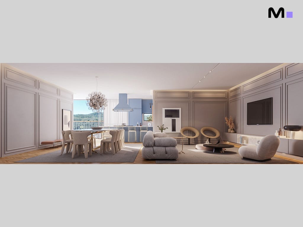 Sala de estar e jantar moderna no Hera Home Residence com cozinha azul ao fundo.