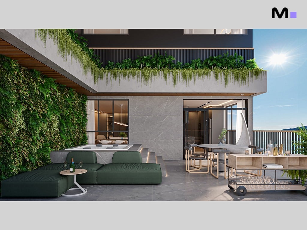 Varanda moderna da Hera Home Residence com jacuzzi, sofá verde e vista panorâmica.