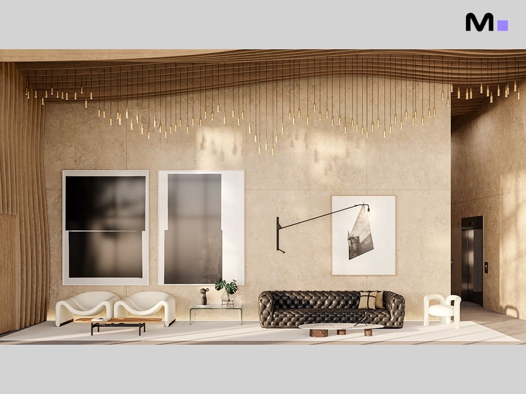 Hall de entrada moderno do Hera Home Residence com sofá de couro e iluminação elegante.