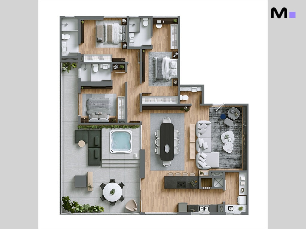 Planta baixa da Hera Home Residence: design de interiores moderno com piscina, quartos e cozinha integrada.