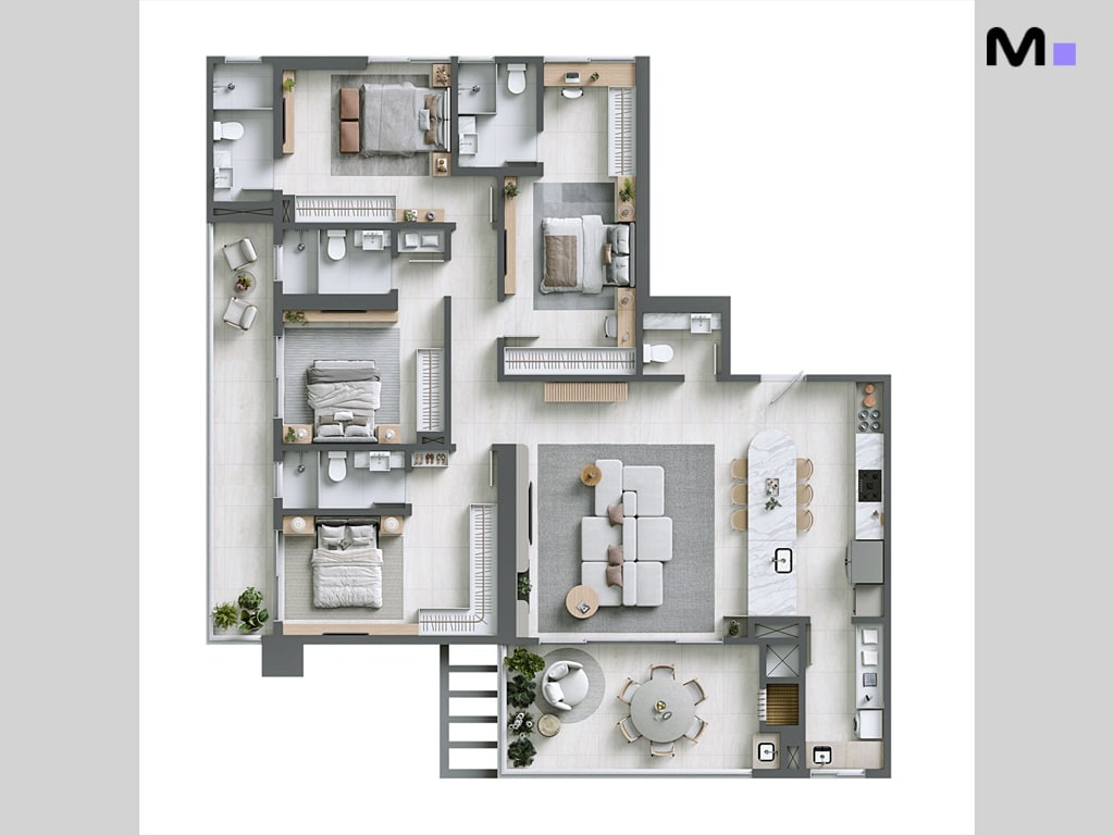 Planta baixa do Hera Home Residence com quartos, banheiros, sala de estar, jantar e cozinha integrados.