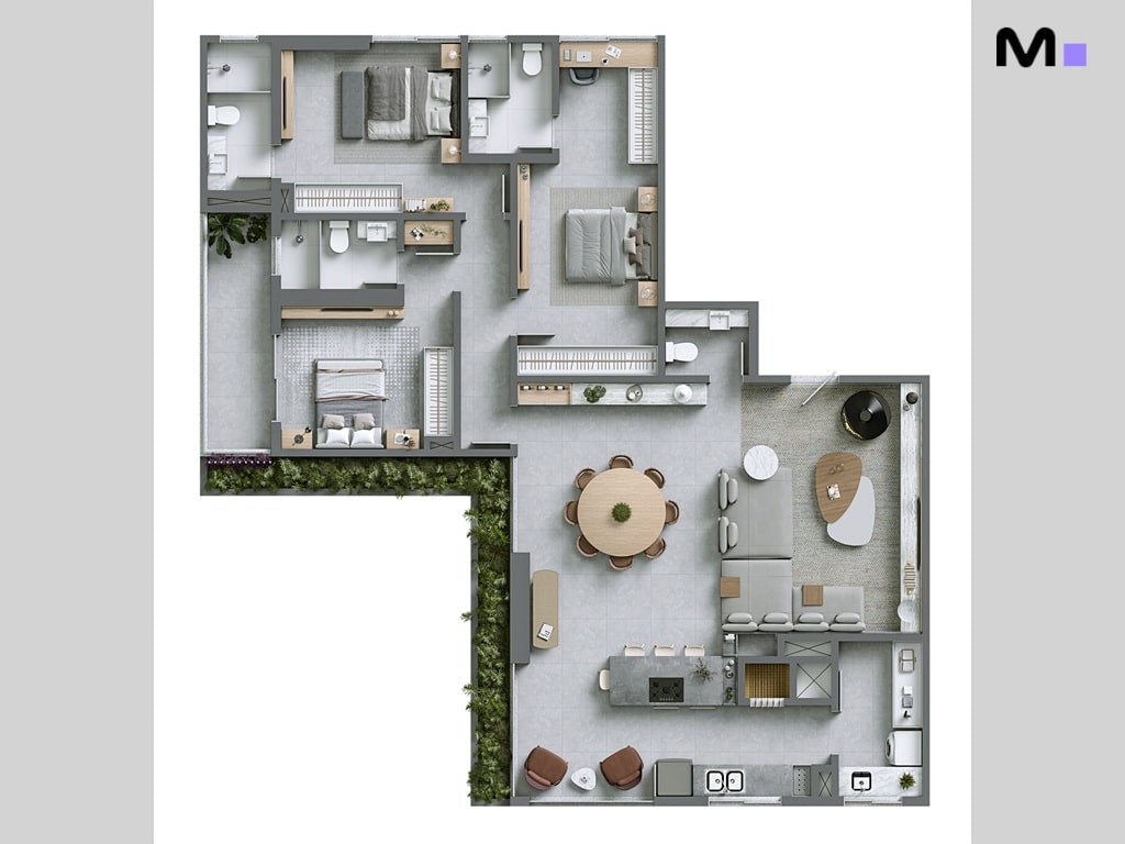 Planta baixa do Hera Home Residence com 3 quartos, sala de estar, jantar, cozinha e varanda com vegetação.