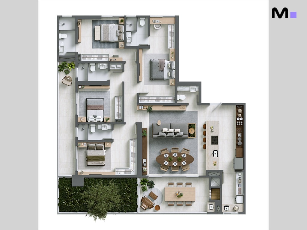 Planta baixa do Hera Home Residence com layout de interiores detalhado e design moderno.