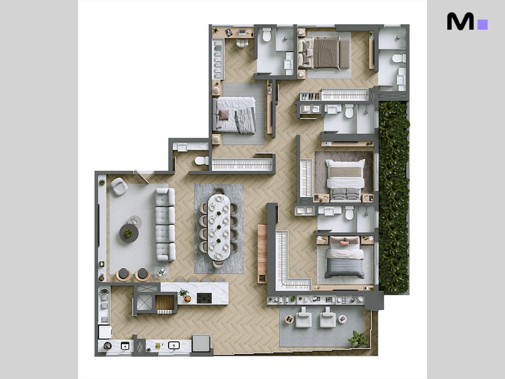 Planta baixa do Hera Home Residence com 3 quartos, sala de estar, jantar e cozinha integrados.