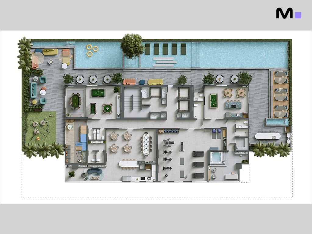 Planta baixa do Hera Home Residence com piscina, academia e áreas de lazer.