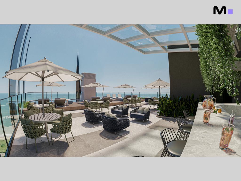 Terraço elegante com vista para o mar no Zion Tower. Cadeiras, mesas e guarda-sóis criam um ambiente relaxante.