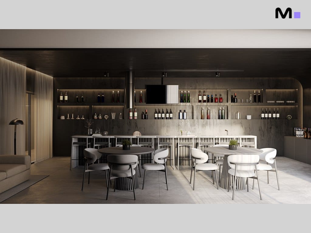 Interior moderno do Torre Del Mare Residence com bar, mesas e cadeiras elegantes.