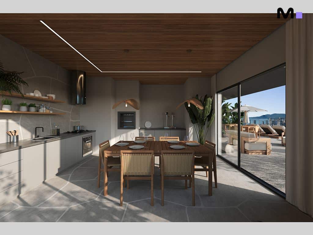 Sala de jantar moderna e integrada com área externa na Hyde Residence, com churrasqueira e decoração elegante.