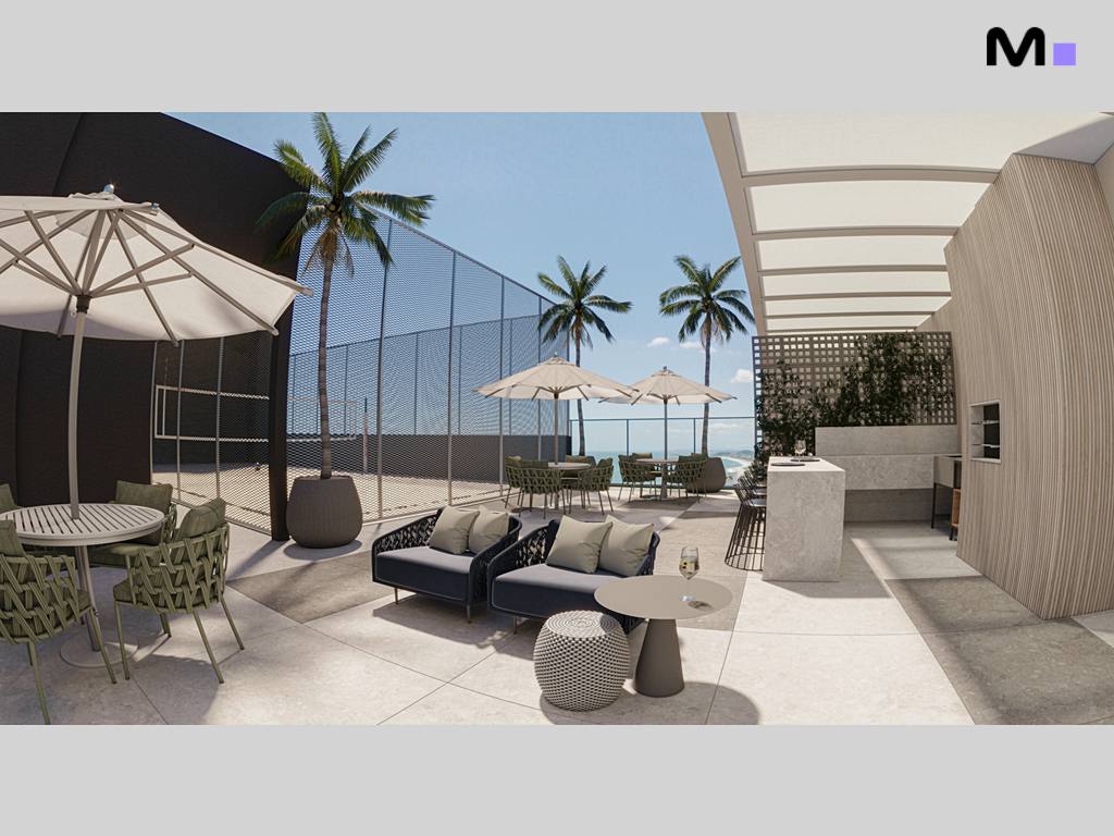 Terraço elegante com área de estar, guarda-sóis e vista para o mar no Zion Tower.