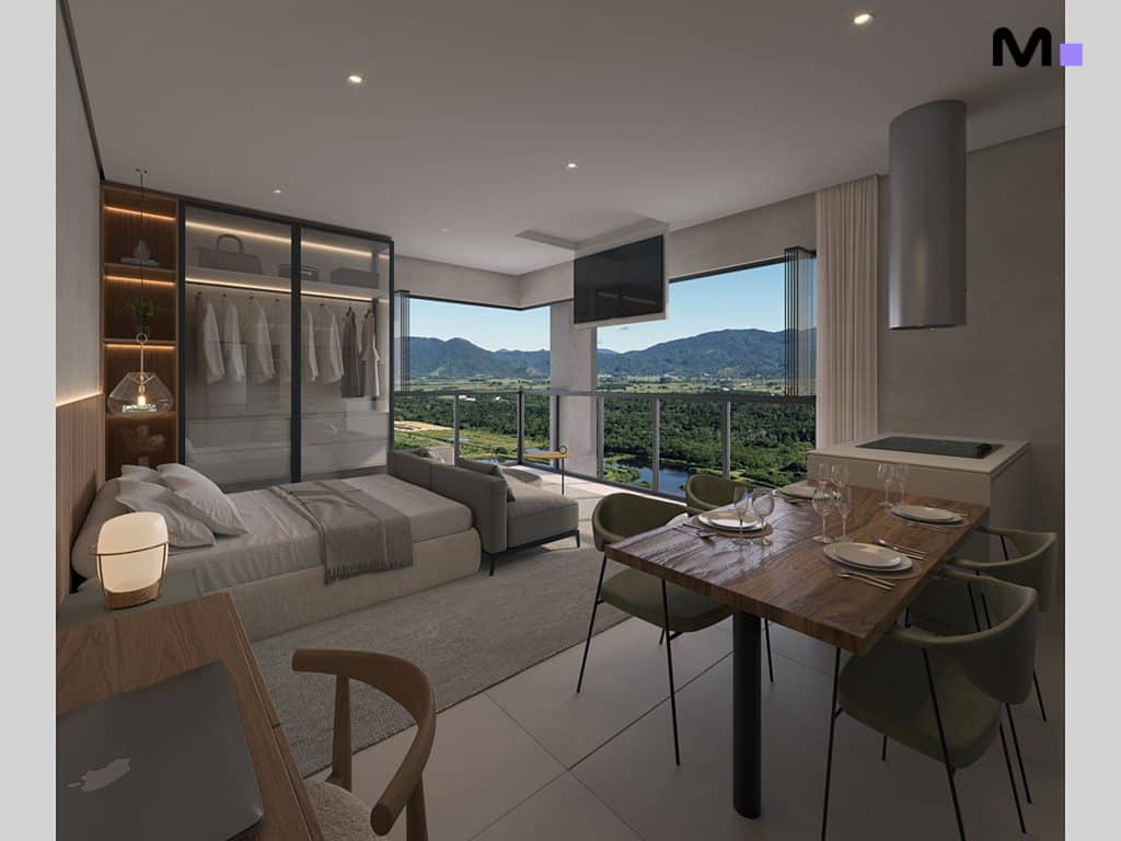 Interior moderno do Hyde Residence: cama, armário, mesa de jantar e vista panorâmica.