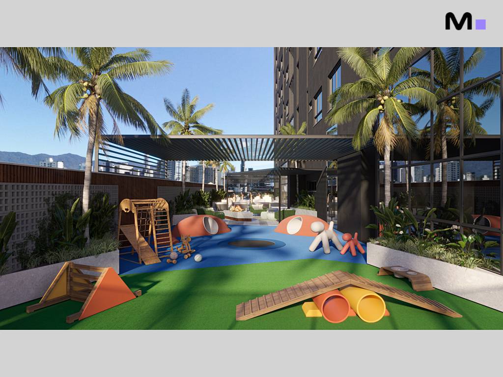 Playground moderno ao ar livre no Zion Tower, com gramado, brinquedos coloridos e palmeiras.