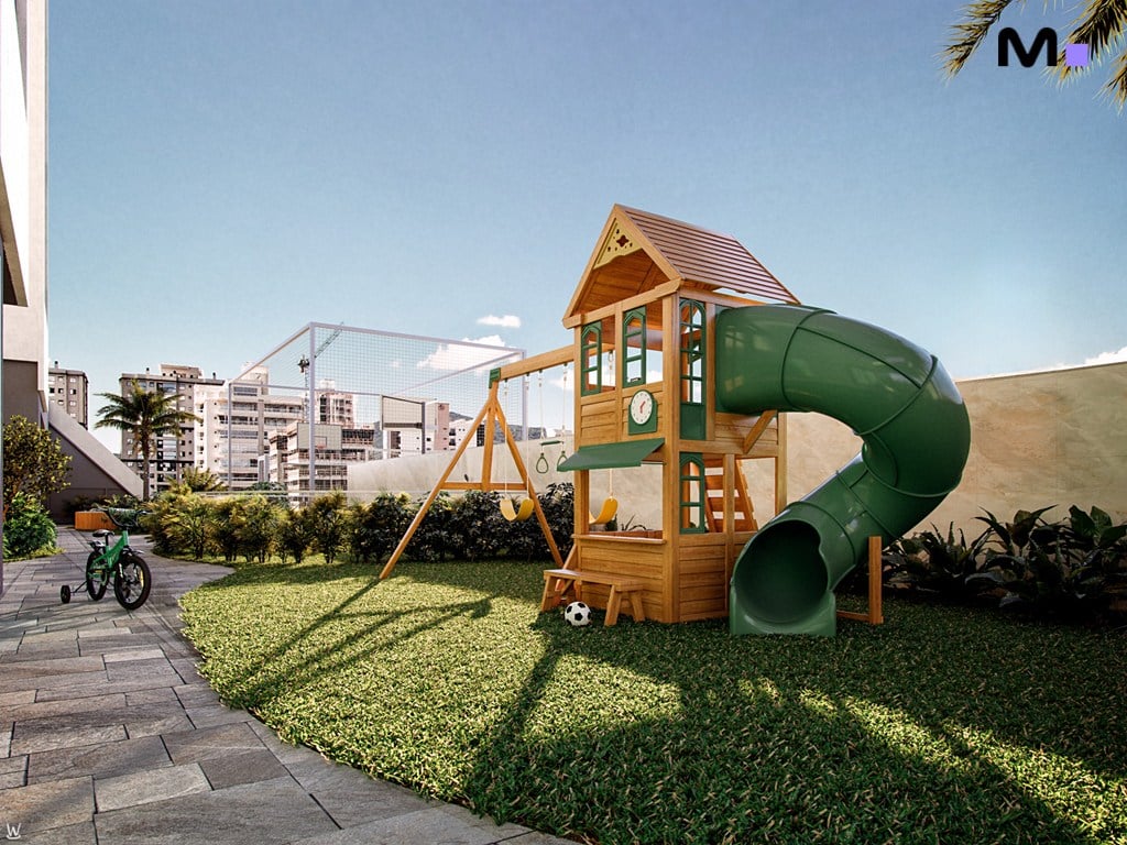 Playground infantil de madeira com escorrega verde no Nilo Residence.