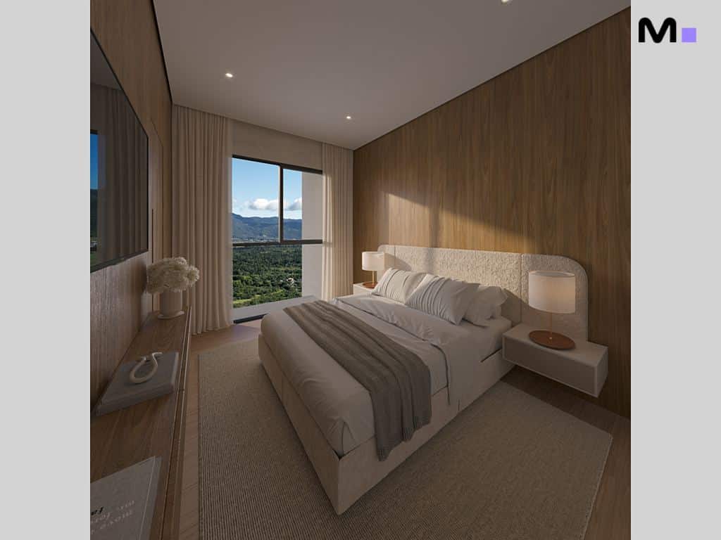 Quarto moderno e iluminado no Hyde Residence com cama de casal e vista para a natureza.