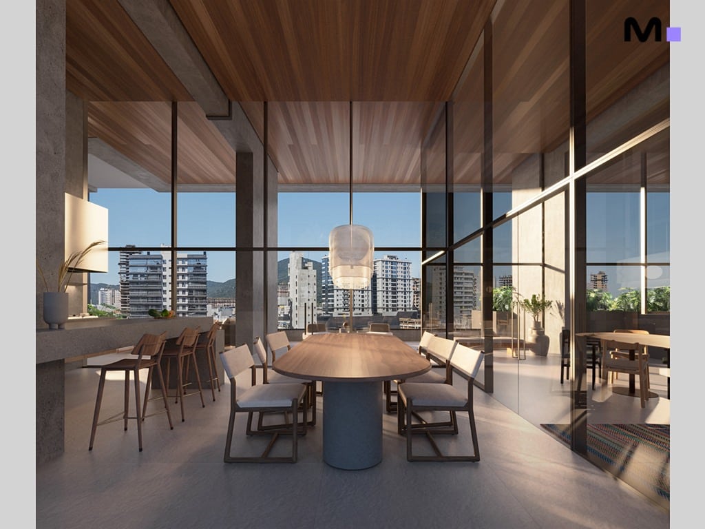 Interior moderno e iluminado com mesa de jantar e vista da cidade, Vibra Phacz Home.