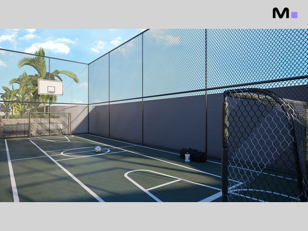 Quadra poliesportiva ao ar livre no Torre Del Mare Residence. Cesta de basquete e gol de futebol visíveis.