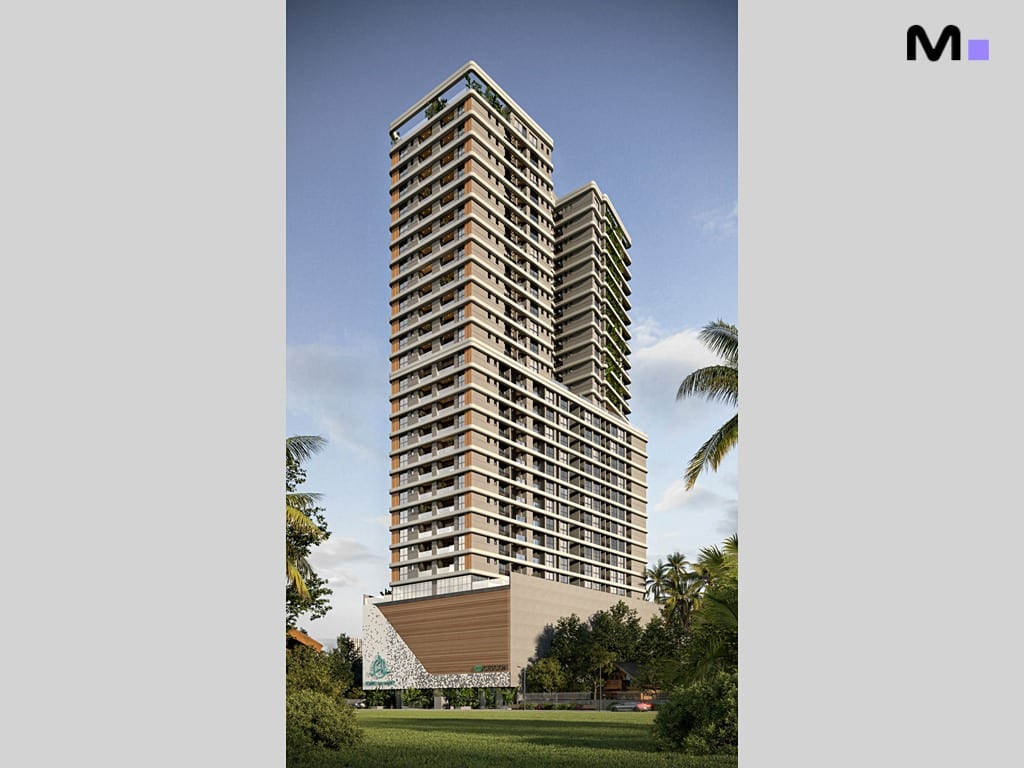 Edifício Torre Del Mare Residence, arquitetura moderna e paisagismo exuberante.