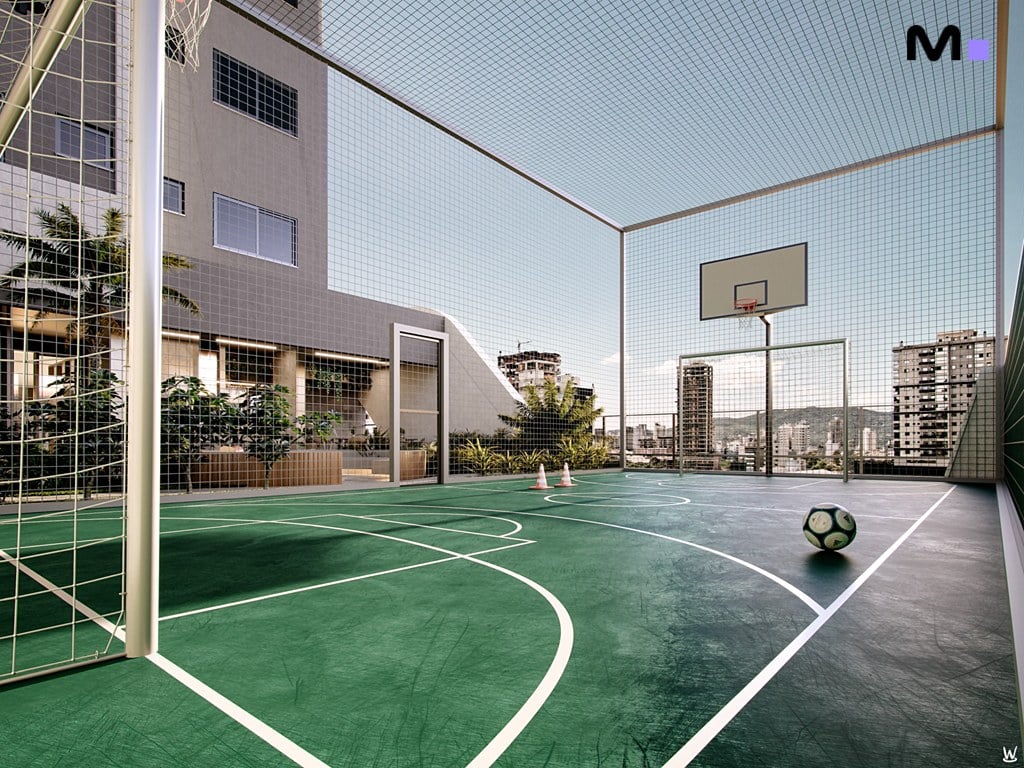 Quadra poliesportiva no Nilo Residence com rede de proteção, cesta de basquete e baliza de futebol.
