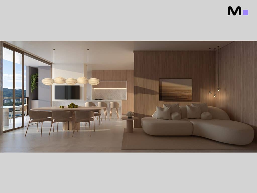 Interior moderno da Hyde Residence: sala de estar, jantar e cozinha integrados com decoração minimalista e elegante.