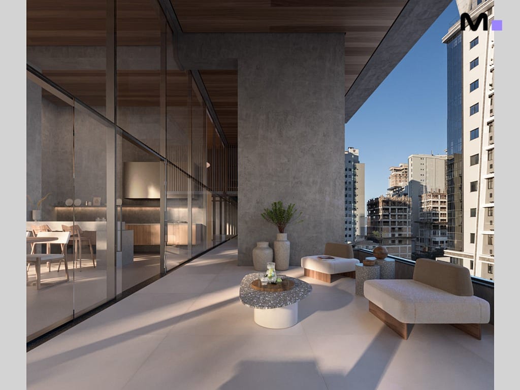 Varanda moderna com móveis de estar e vista da cidade. Vibra Phacz Home.