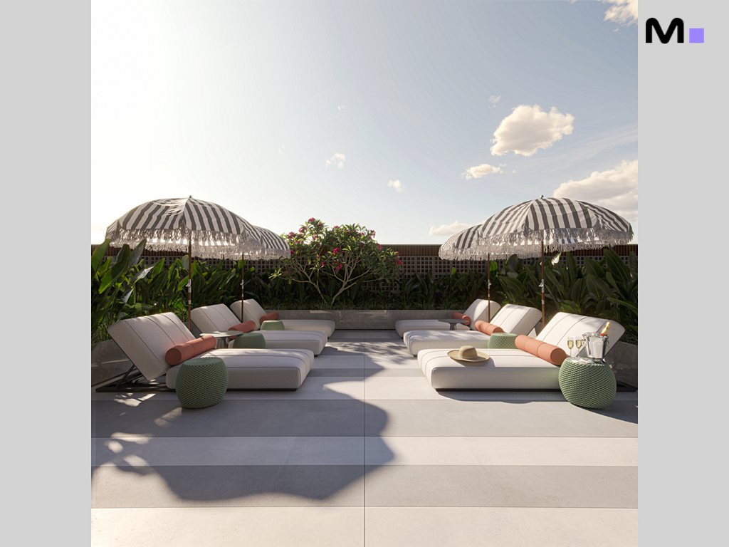 Espreguiçadeiras de luxo com guarda-sóis em terraço ensolarado, perfeito para relaxar.