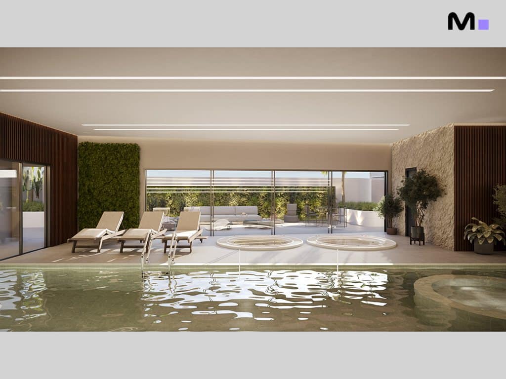 Piscina interna luxuosa na Torre Del Mare Residence com espreguiçadeiras e hidromassagem.