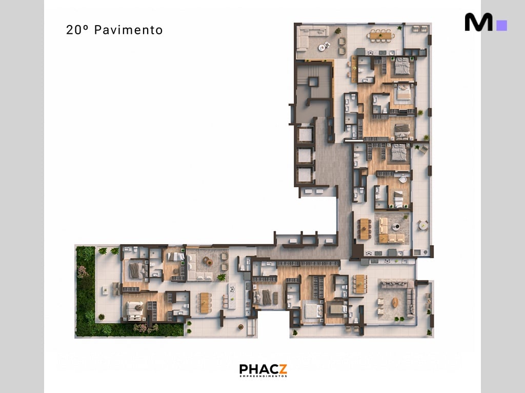Planta do 20º pavimento Vibra Phacz Home: layout do apartamento com múltiplos quartos e áreas de estar.