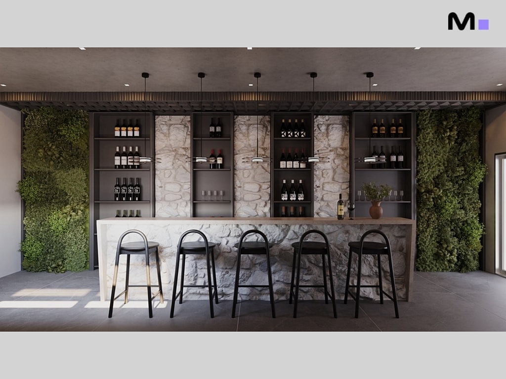 Bar moderno com cadeiras pretas, prateleiras de vinho e parede de pedra, parte da Torre Del Mare Residence.