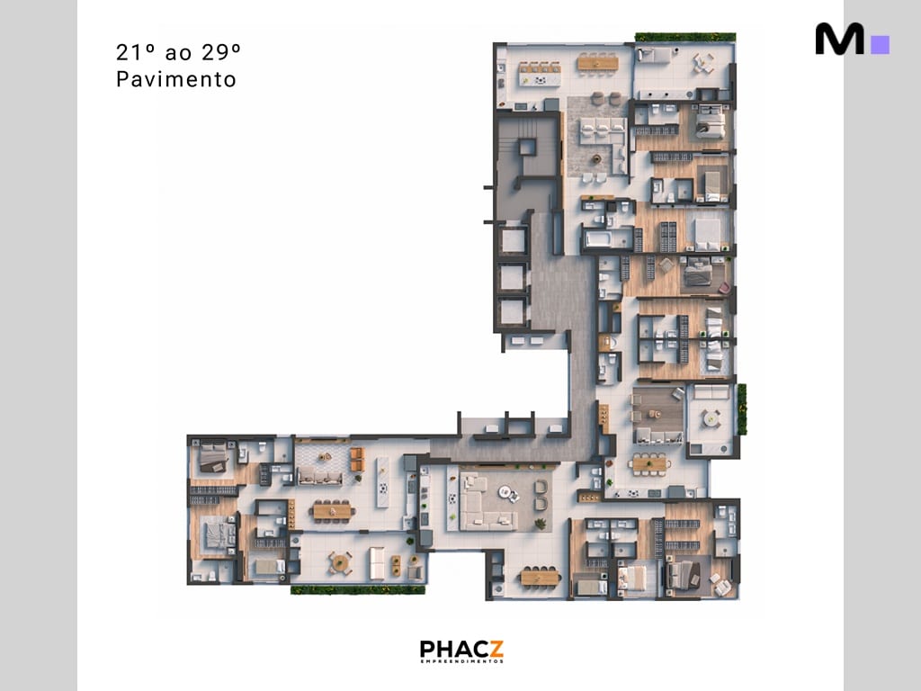 Planta baixa do 21º ao 29º pavimento do Vibra Phacz Home. Detalhes de apartamentos e áreas comuns.