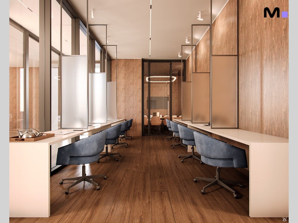 Escritórios modernos no Nilo Residence: cadeiras azuis, piso de madeira e divisórias elegantes.