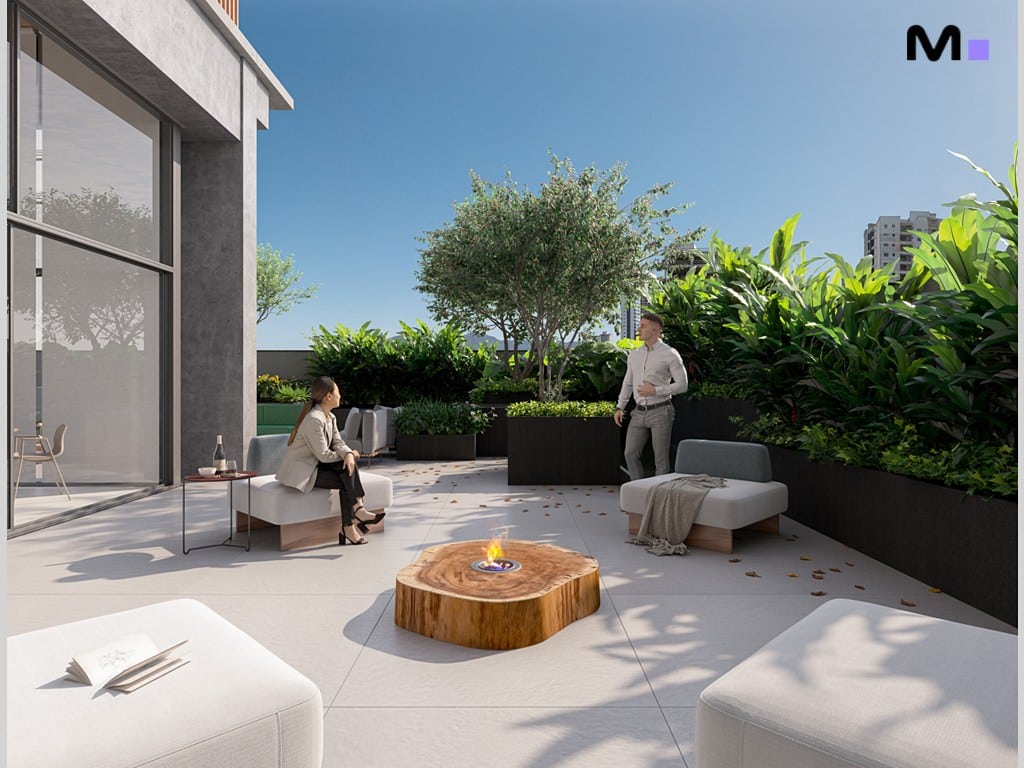 Terraço moderno com pessoas e paisagismo exuberante.
