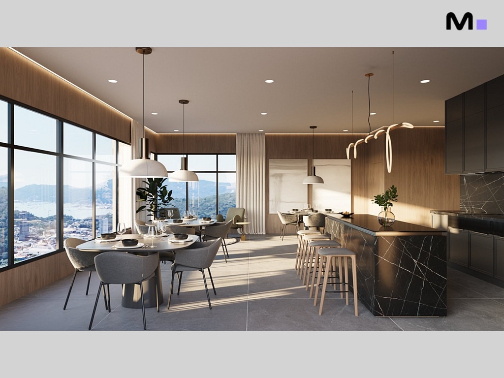 Interior moderno e iluminado da Torre Del Mare Residence com cozinha, sala de jantar e vista panorâmica.