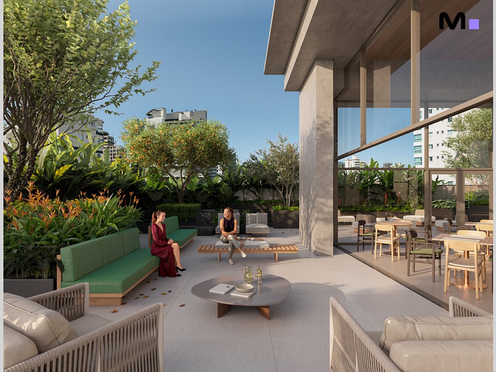 Terraço moderno com pessoas relaxando em móveis de exterior e paisagismo exuberante.