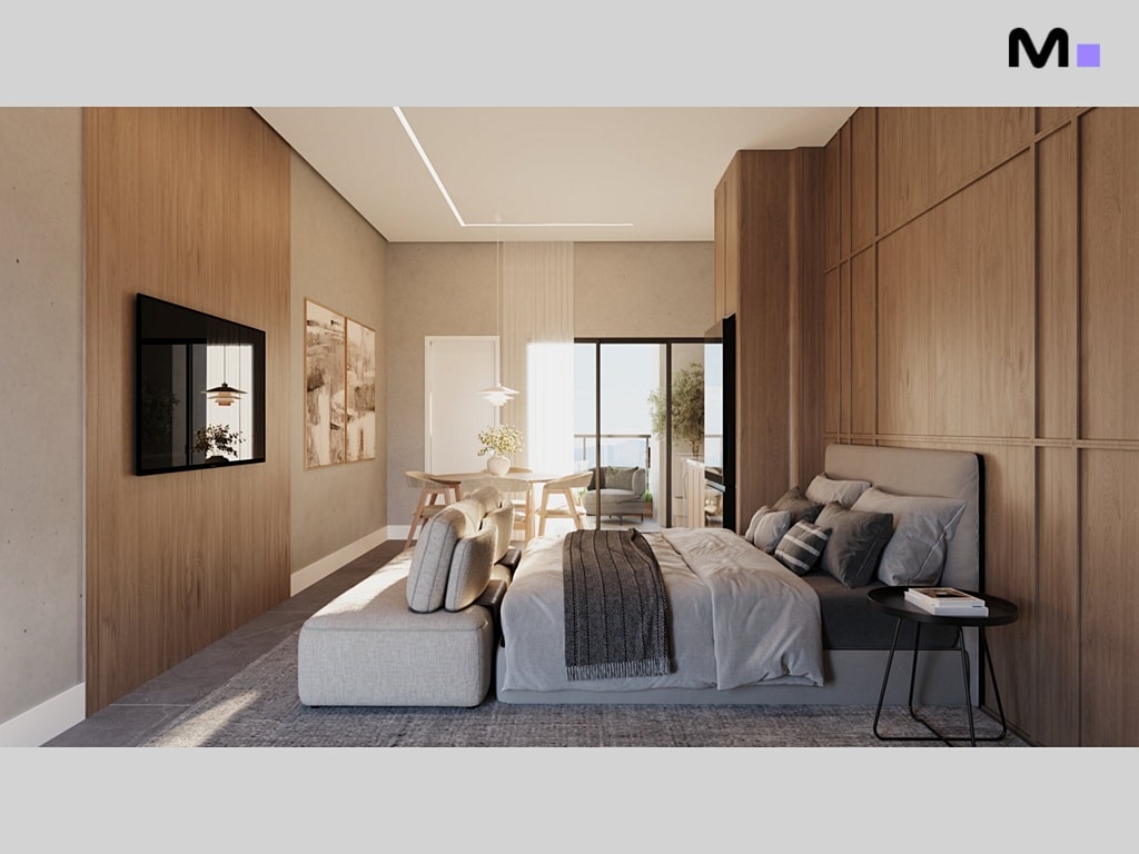 Quarto moderno no Torre Del Mare Residence com cama, TV e vista para varanda.