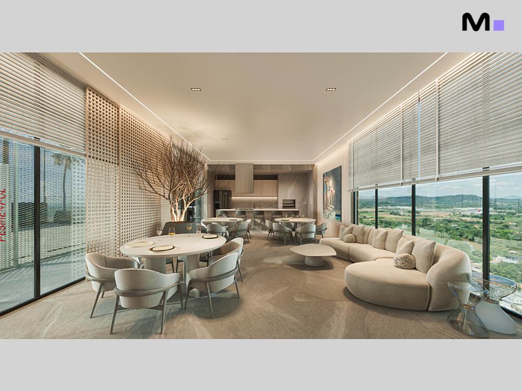 Interior moderno e iluminado de Zion Tower com sala de estar, jantar e vista panorâmica.