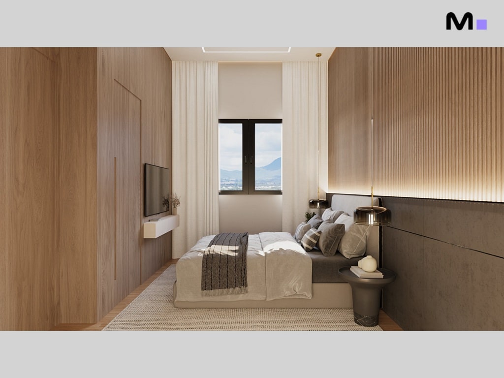Quarto moderno da Torre Del Mare Residence com cama, janela e decoração minimalista.