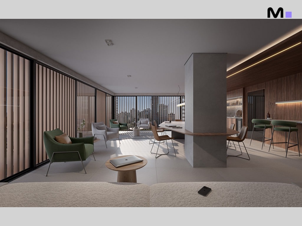 Interior moderno do Vibra Phacz Home com sala de estar, cozinha e vista da cidade.