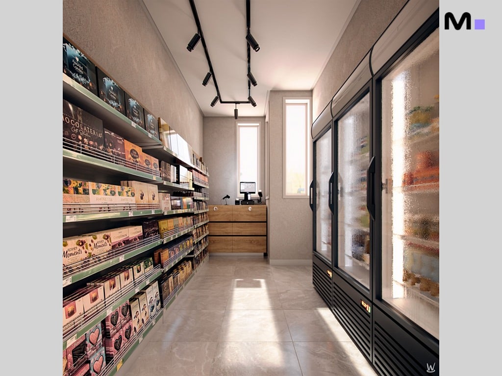 Interior da Nilo Residence: corredor de supermercado com prateleiras de produtos e geladeiras.