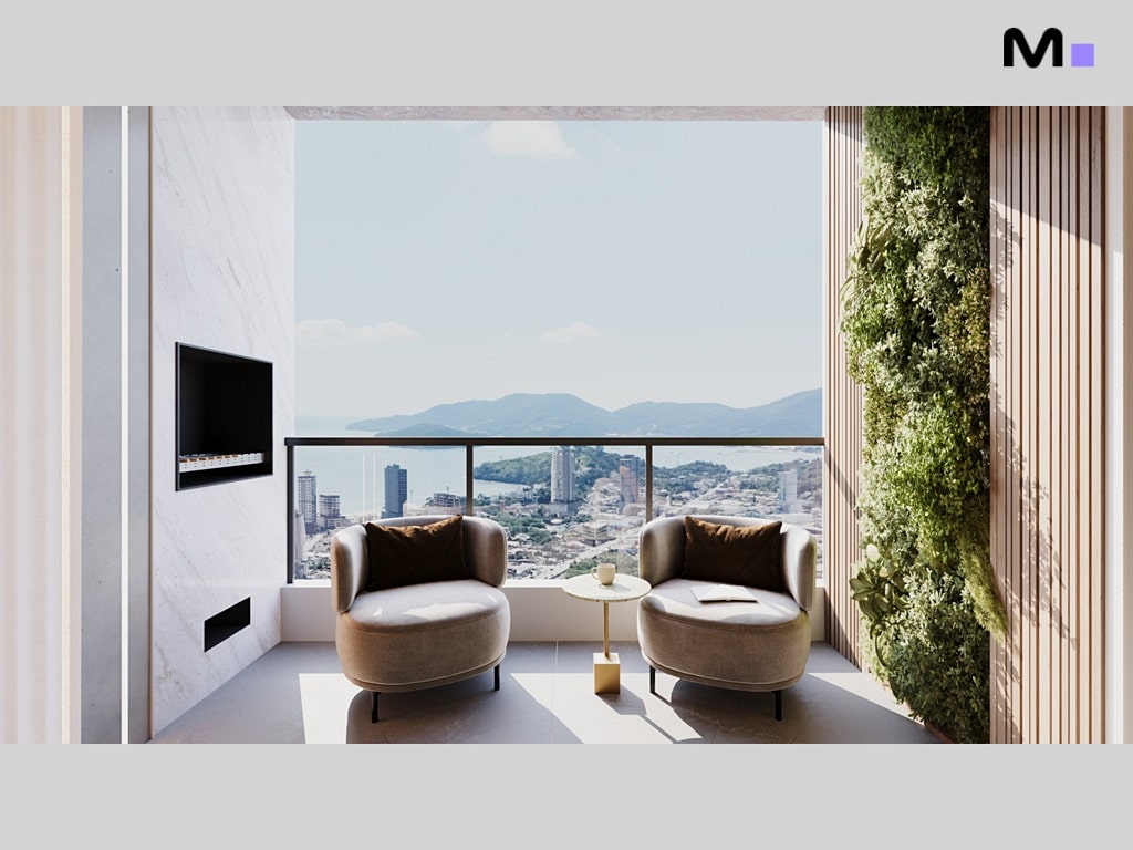 Varanda moderna com vista para o mar na Torre Del Mare Residence. Cadeiras aconchegantes e decoração elegante.