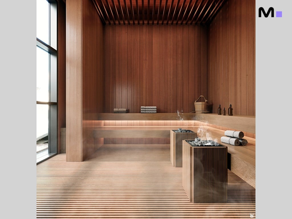 Sauna de madeira clara com bancos e aquecedores. Design Nilo Residence.