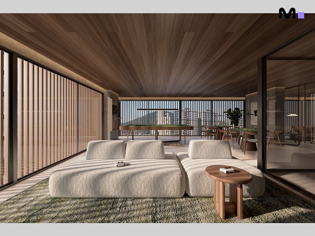 Sala de jogos moderna com mesa de bilhar, sofá aconchegante e vista da cidade.