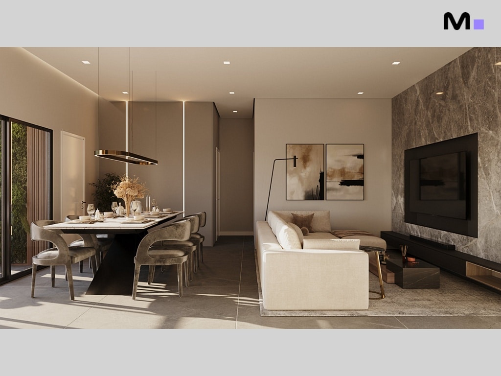 Sala de estar e jantar moderna no Torre Del Mare Residence.