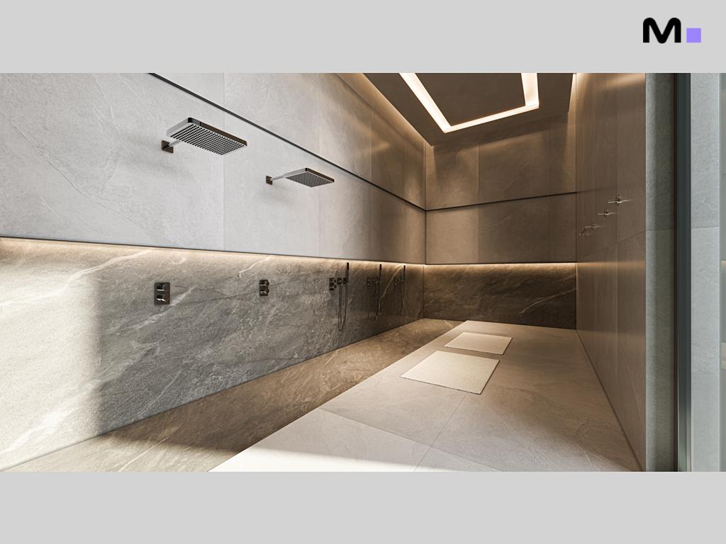 Interior moderno de chuveiro amplo com iluminação embutida e design elegante.