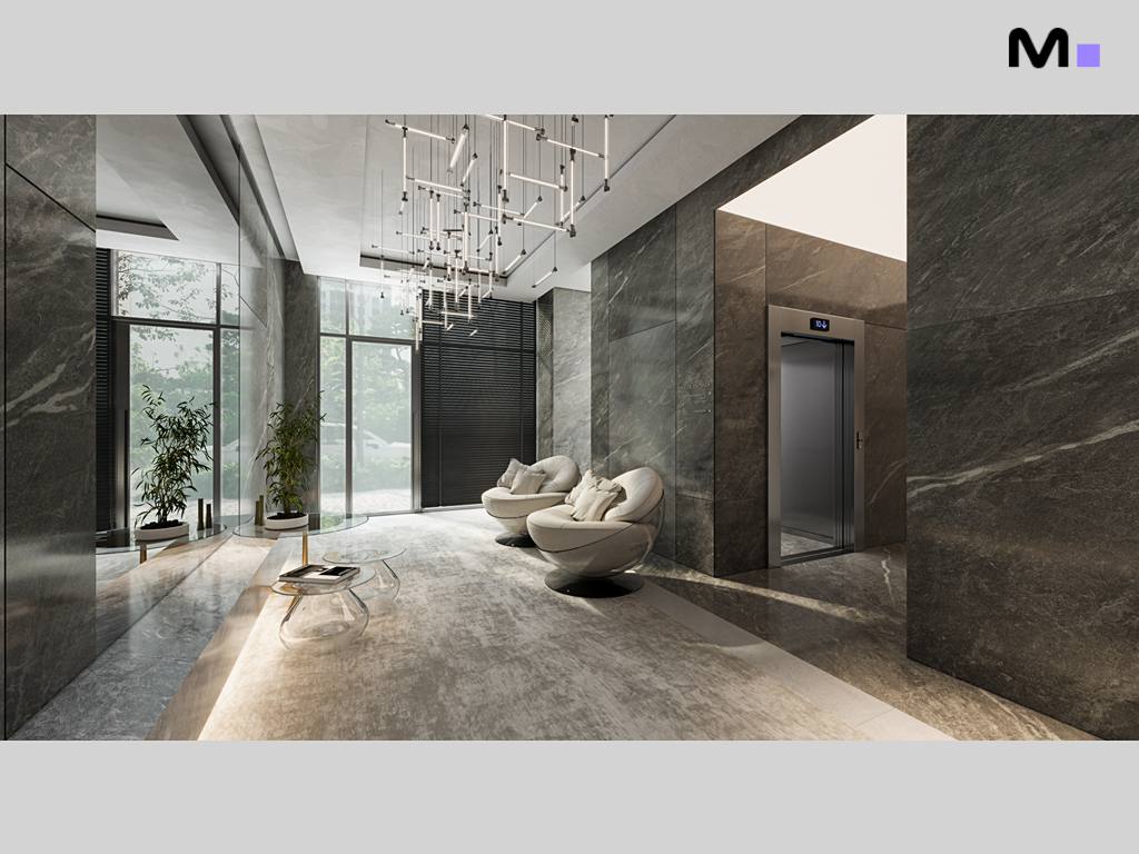 Lobby moderno do Zion Tower com elevador, cadeiras e iluminação elegante.