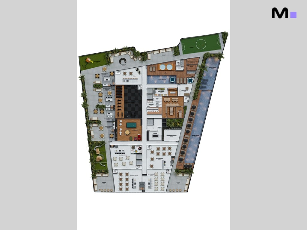 Planta baixa da Torre Del Mare Residence com piscina, quadra, playground e áreas de convivência.