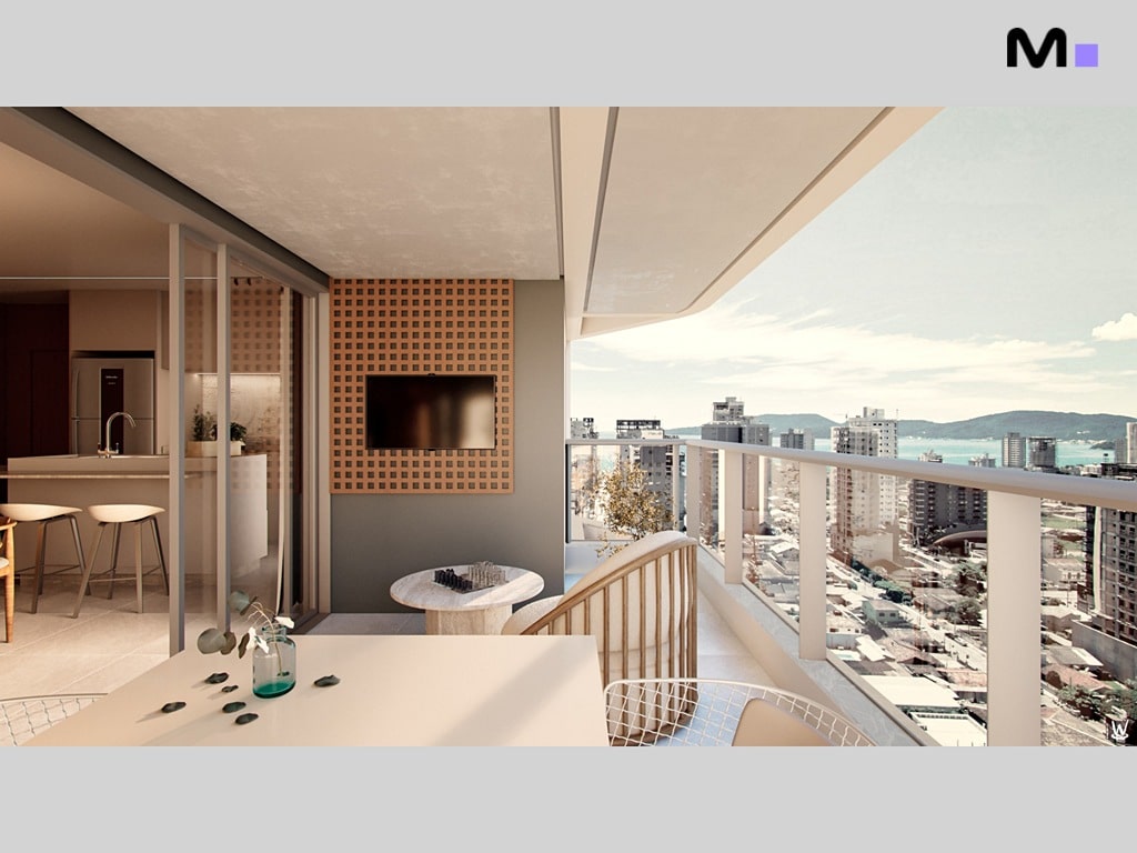 Varanda do Nilo Residence com mesa, cadeiras e vista da cidade.