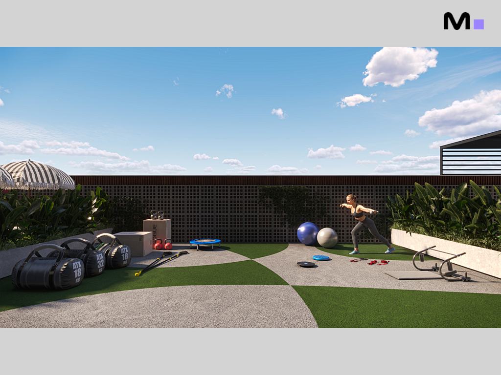 Espaço de treino ao ar livre no Zion Tower com equipamentos e pessoa se exercitando.